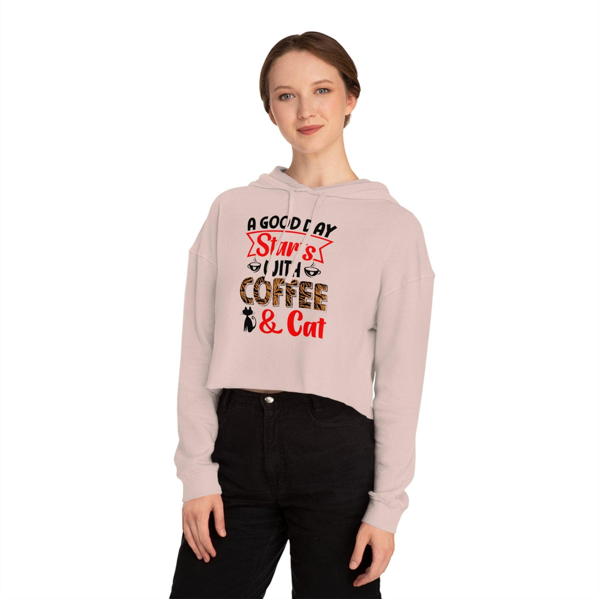 Women’s Cropped Hooded Sweatshirt With A Good  Day Starts With Coffee /Cat Lover - FG Apparels